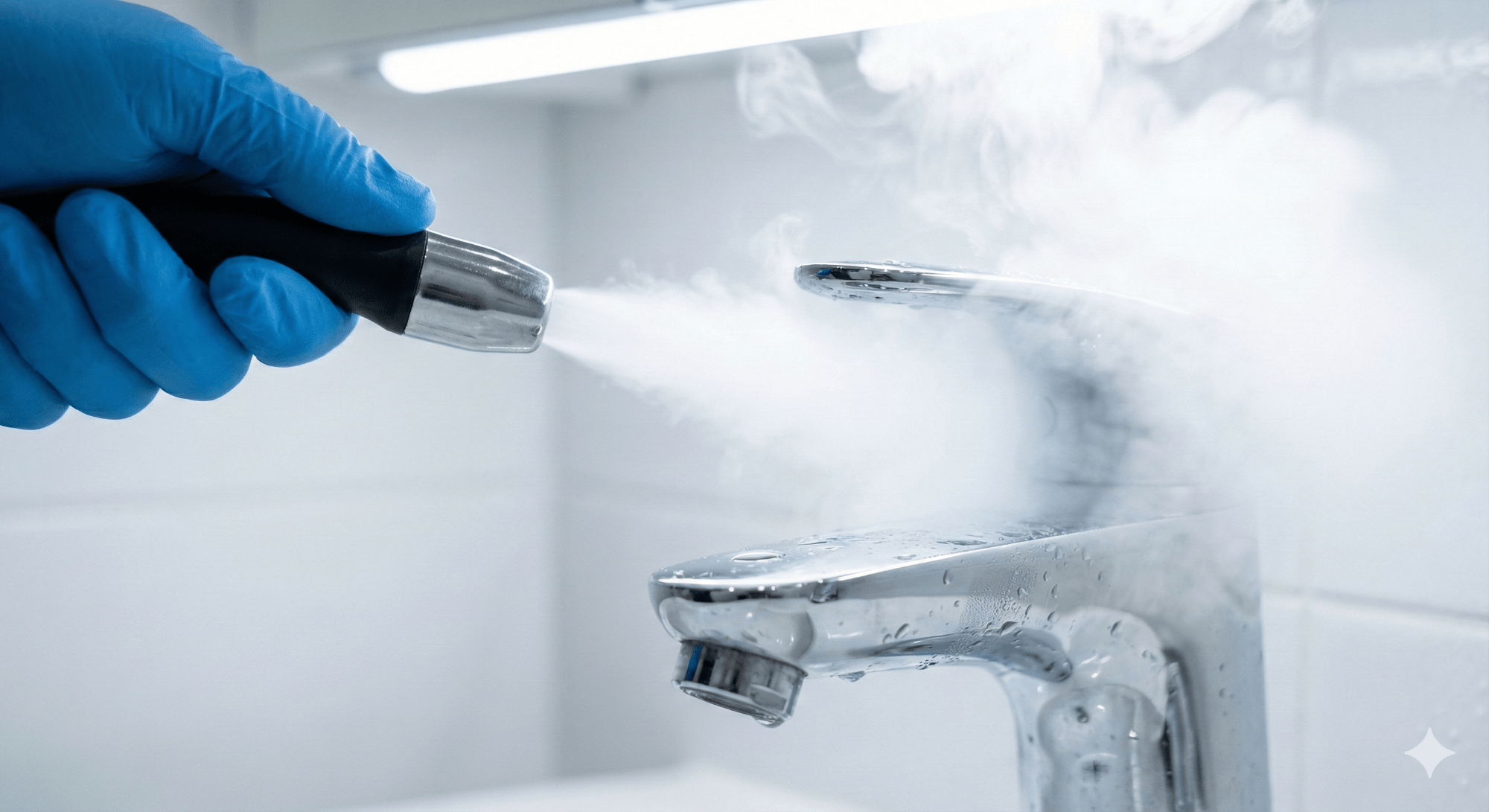 Hospital-grade steam cleaning nozzle sanitizing a luxury bathroom faucet in St. Louis
