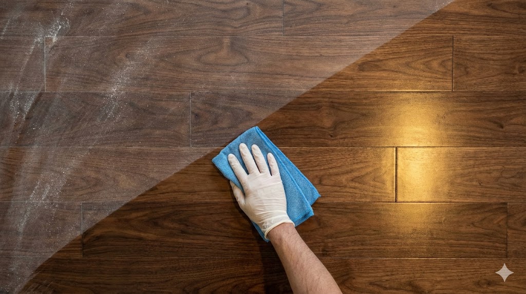 Construction dust removal before and after on hardwood floor