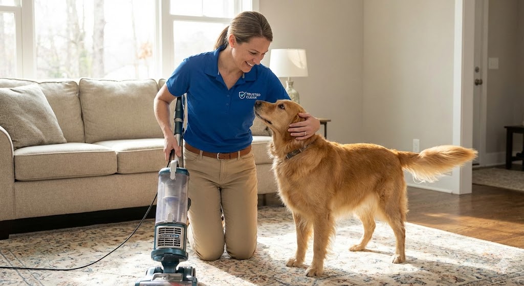 Friendly cleaning technician petting a golden retriever in a St. Louis home