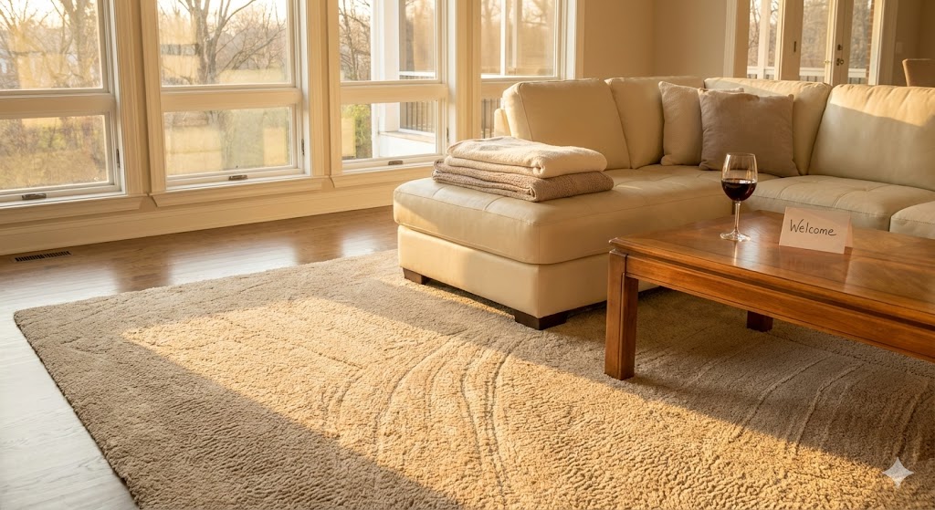 Spotless luxury living room in St. Louis at sunset with a glass of wine, ready for guests