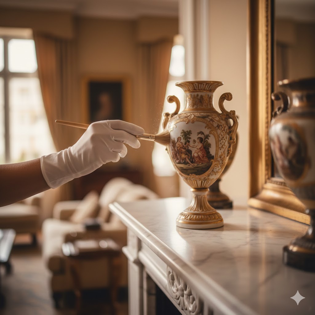 Professional cleaner carefully dusting an antique vase on a marble mantel in a Huntleigh estate