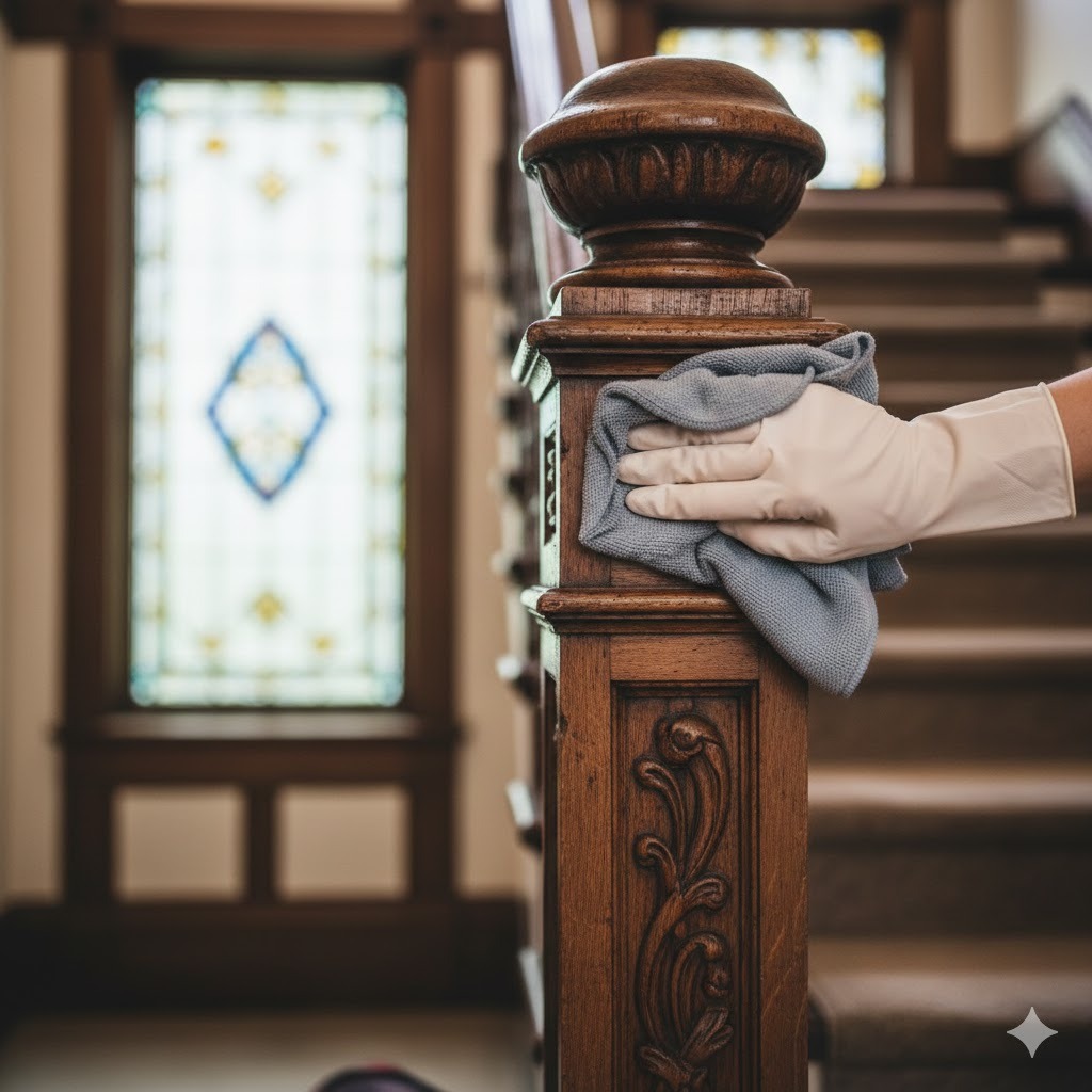 Professional cleaner dusting a chandelier in a historic Webster Groves home foyer