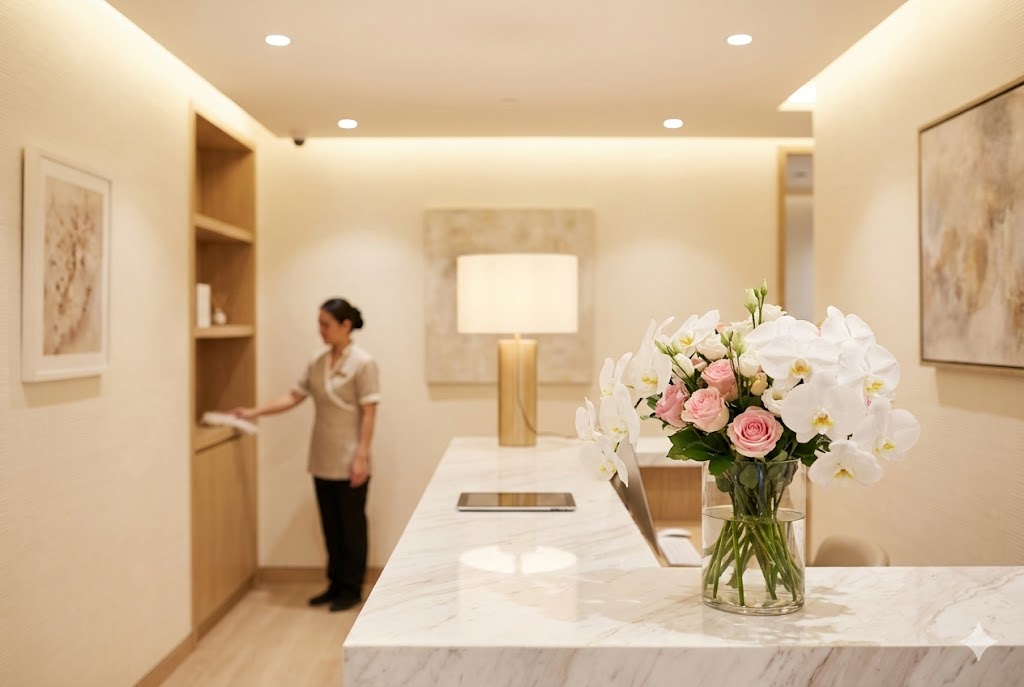Professional cleaner dusting marble reception desk in boutique office St. Louis