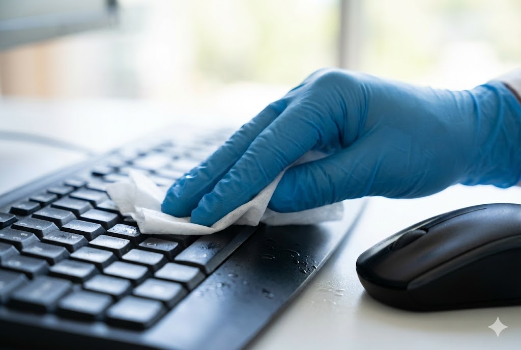 Sanitizing office keyboard and mouse with safety glove St. Louis