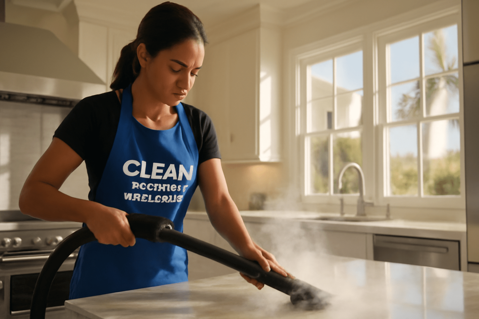 Steam cleaning bathroom grout in luxury home