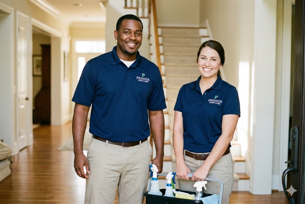 Professional cleaning team performing an Airbnb cleaning in Town and Country, wiping quartz countertops and restocking fresh white towels